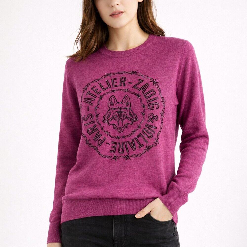 Zadig & Voltaire Kansas Bis M Merino Wool Sweater Wolf Crystal Logo S